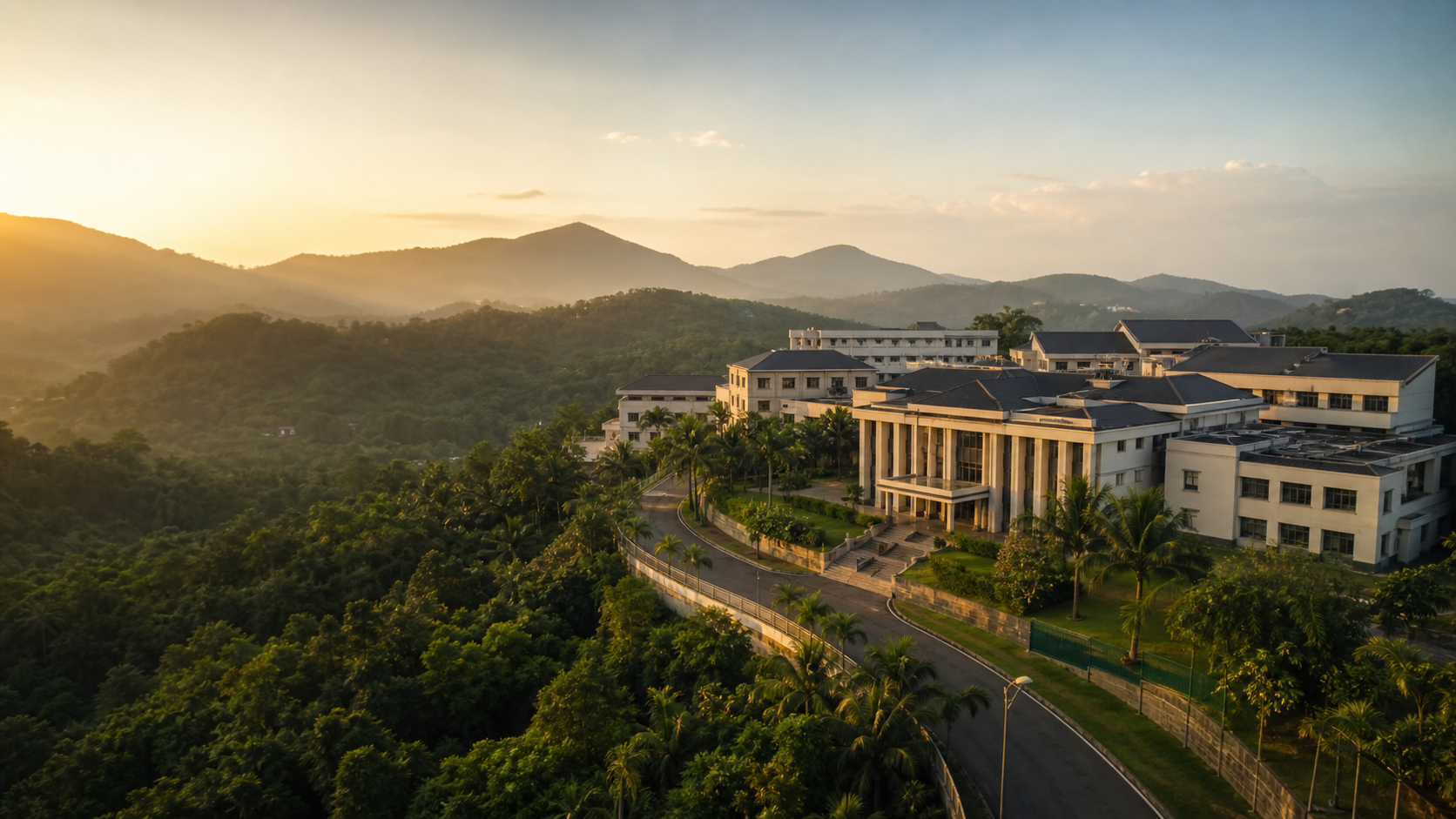 Aerial view of a pharmacy college campus surrounded by Kerala greenery