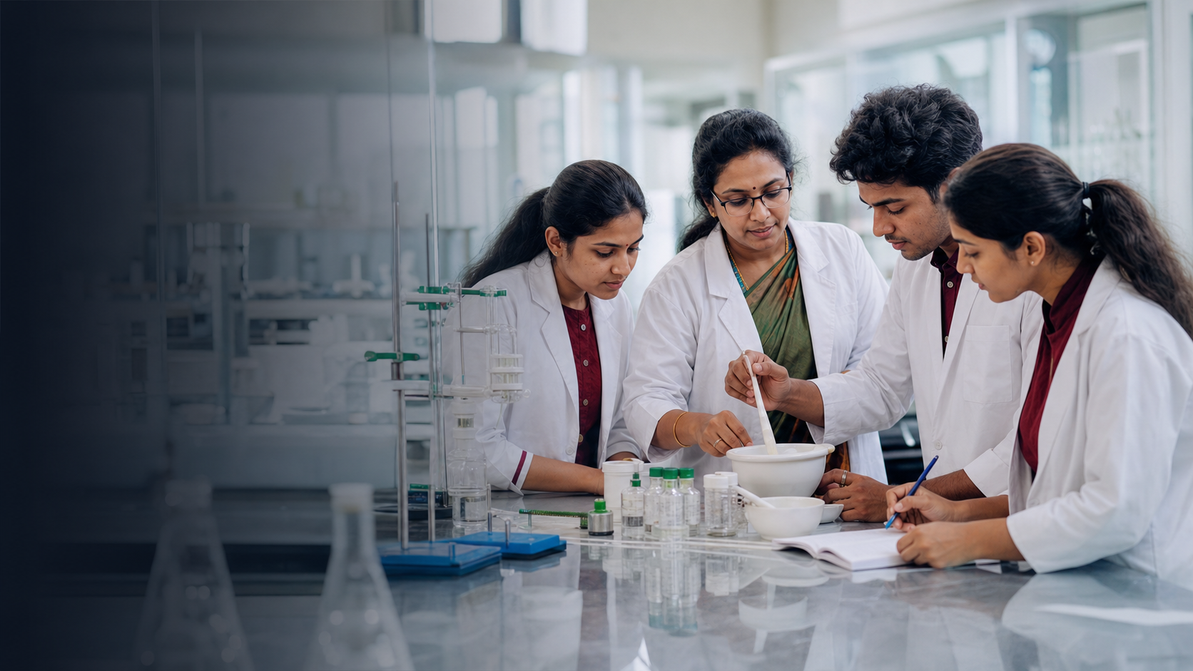 Pharmacy students and faculty working together in an advanced laboratory